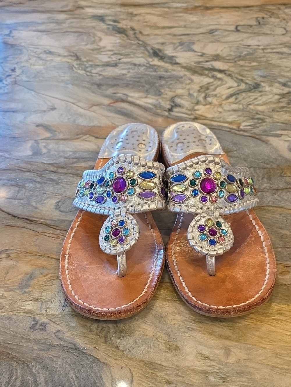 Jack Rogers Silver Leather Sandals with Multicolor Gem Accents